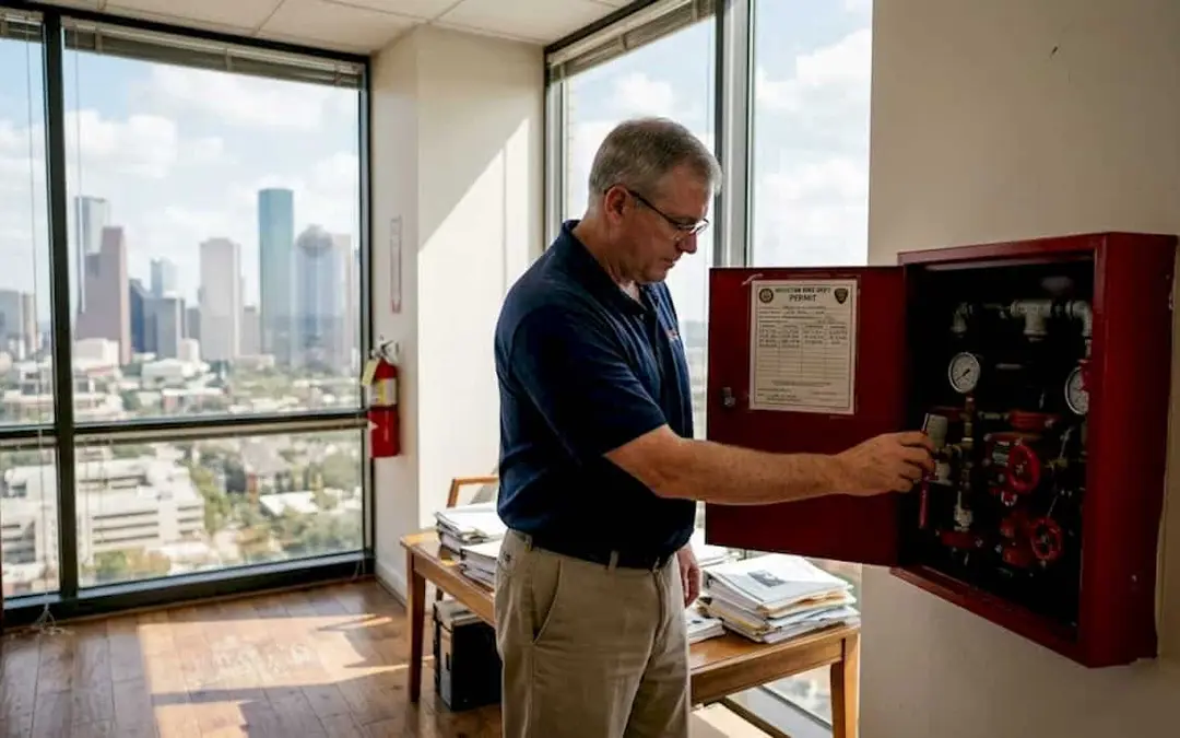 Technician opening a red fire suppression panel in an office