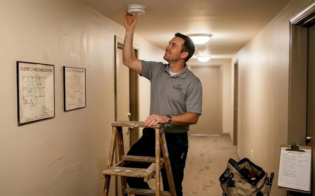 Man on a ladder adjusting a smoke detector in an apartment hallway