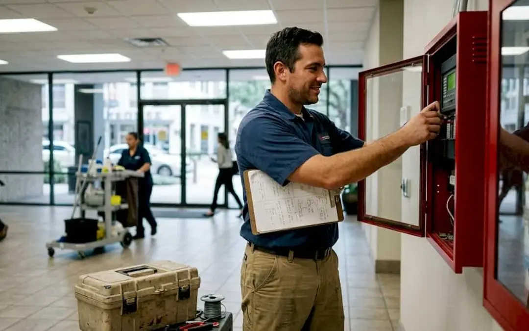 Technician opening a fire alarm cabinet in a busy lobby