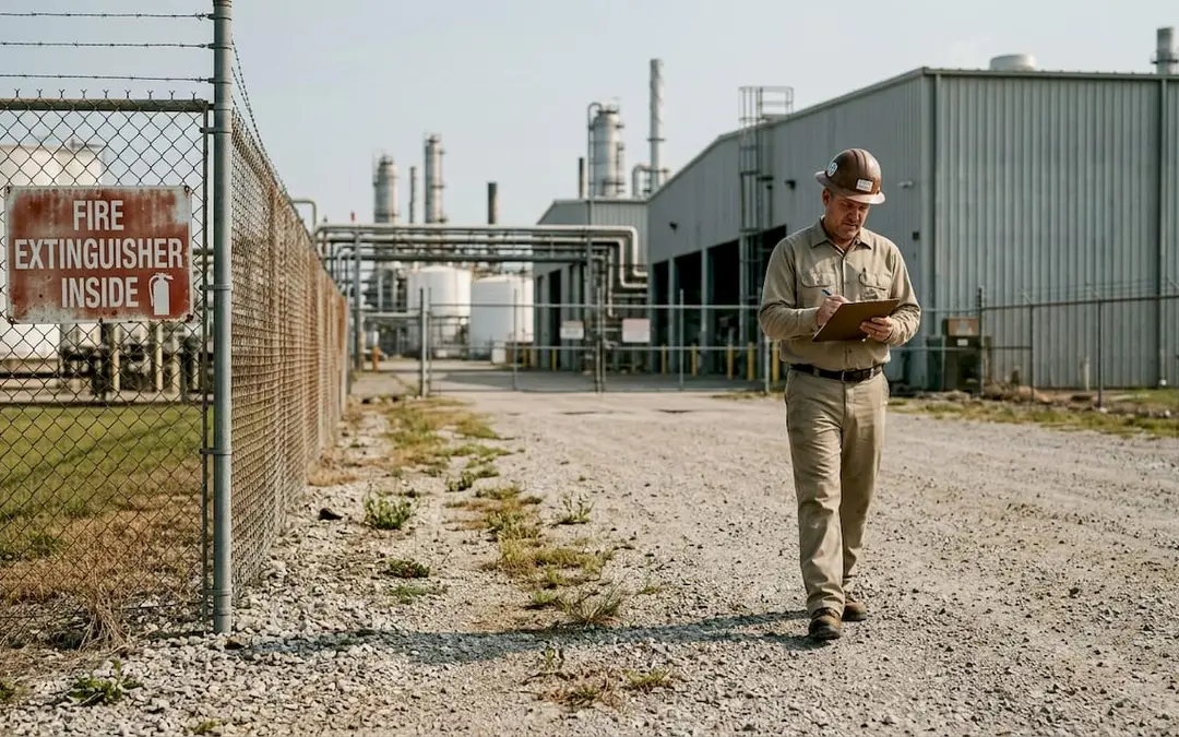 Man with a clipboard walking outside an industrial facility fence