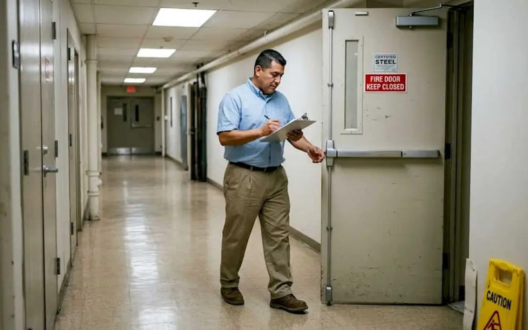 Man with a clipboard walking past a fire door in a corridor