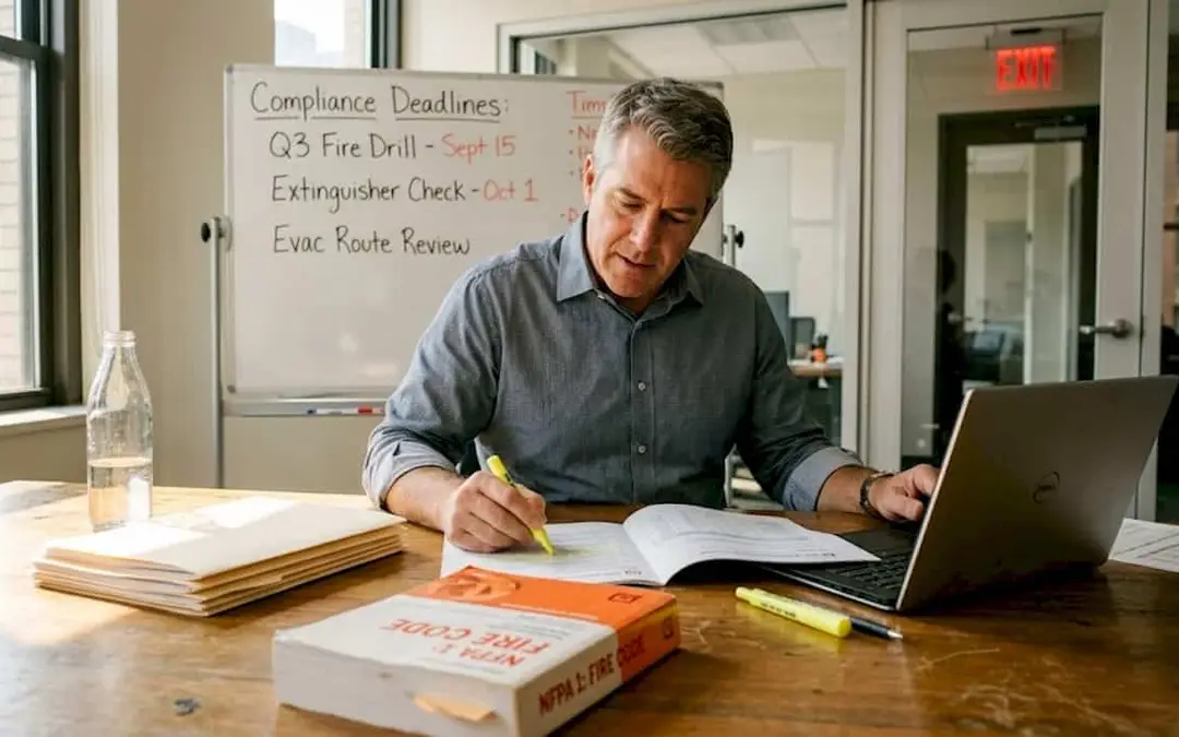 Man reviewing fire code documents at a desk with a compliance checklist