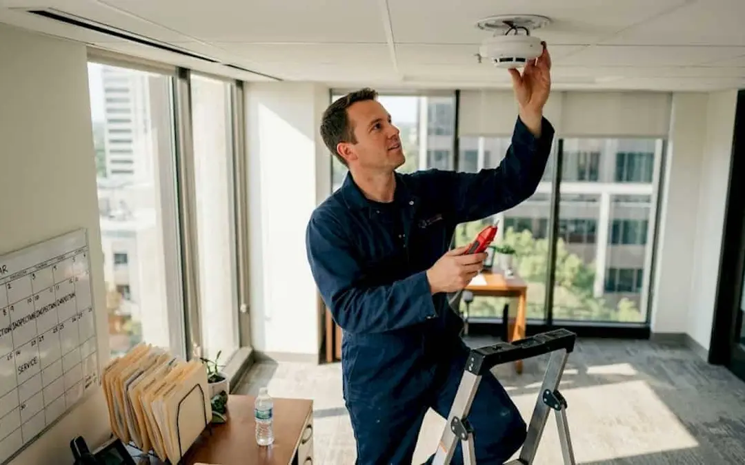 Technician on a ladder installing a ceiling fire detector in an office