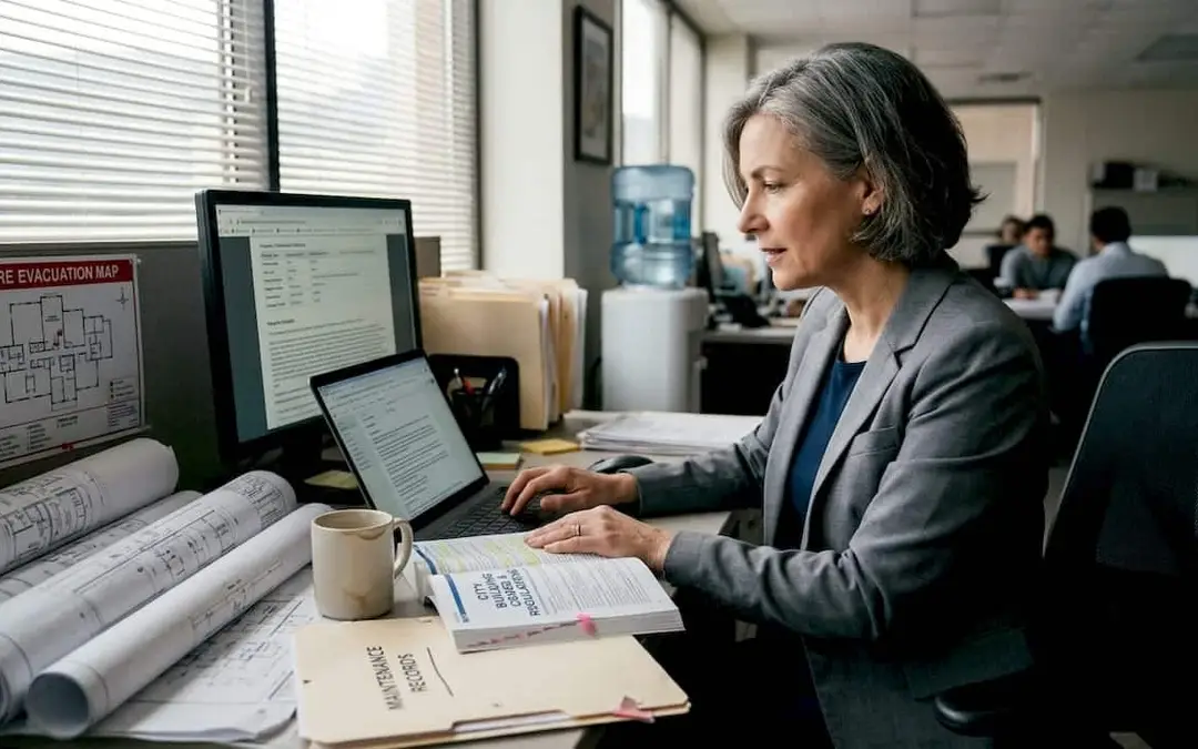 Woman at a desk working on fire safety codes and building plans