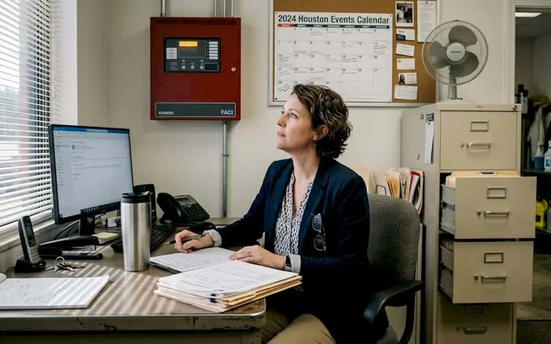Woman at a desk with a fire alarm panel on the wall behind her