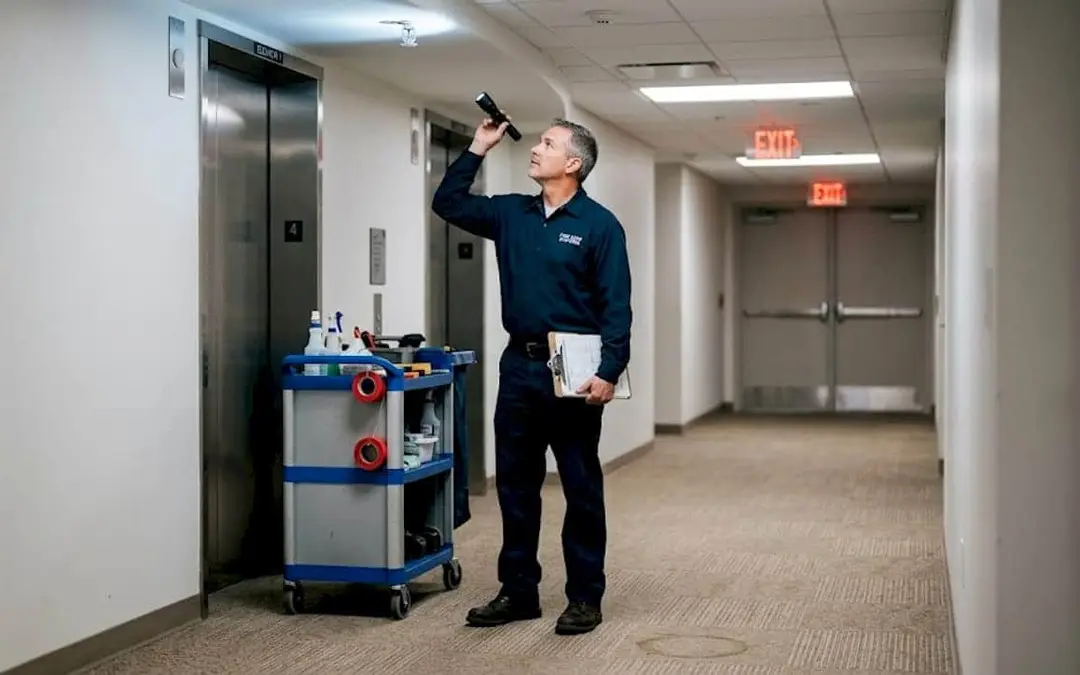 Technician inspecting a ceiling sprinkler head with a flashlight
