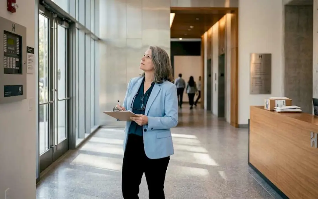 Woman with a clipboard checking a fire safety panel in a lobby