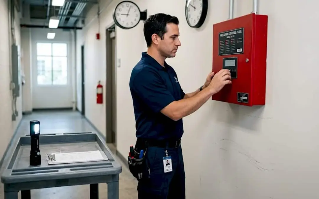 Technician testing a red fire alarm panel in a hallway