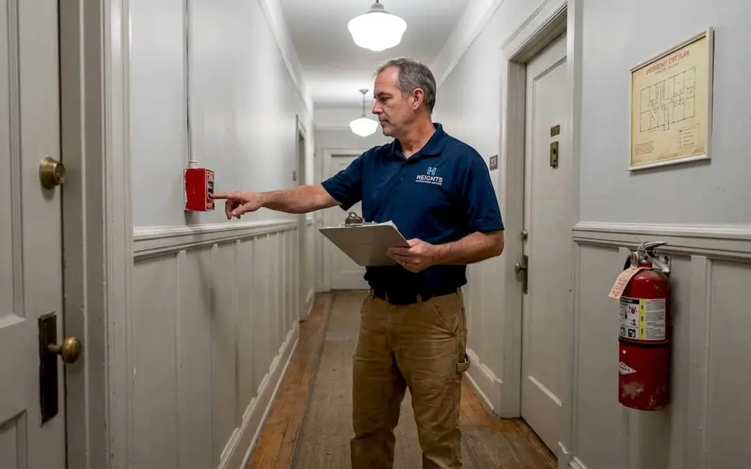 Worker testing a fire alarm pull station in an older building hallway