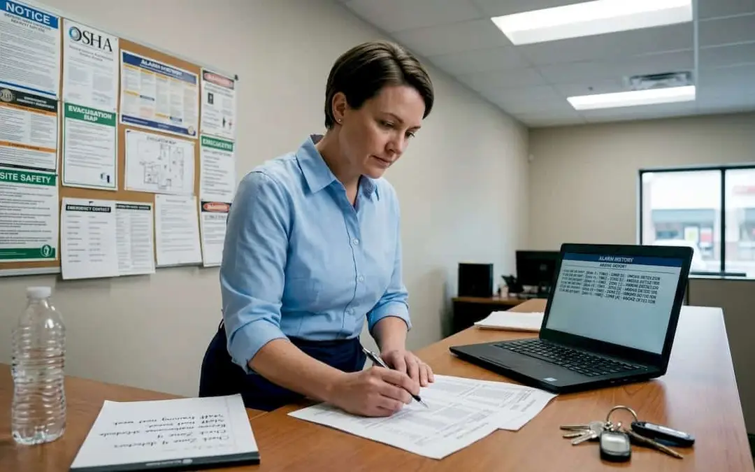 Woman reviewing printed logs at a desk below posted fire procedures