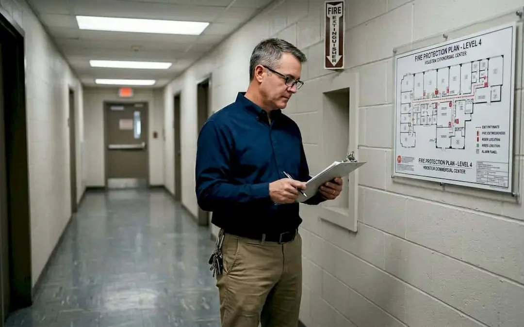 Man with a clipboard by a fire safety diagram in a hallway