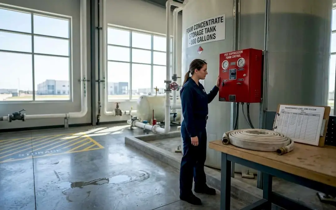Technician checking a foam fire suppression system in a warehouse