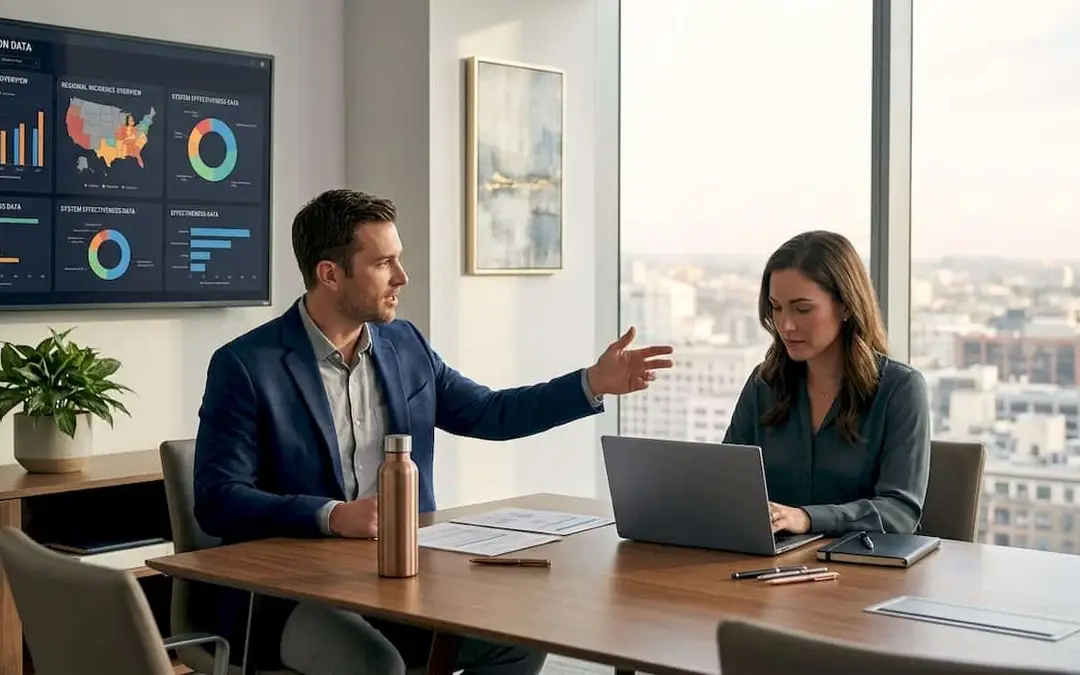 Two professionals discussing fire protection options at an office table