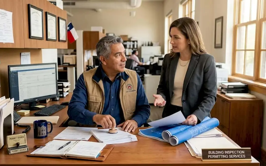 Inspector and woman reviewing fire suppression permit documents at a desk