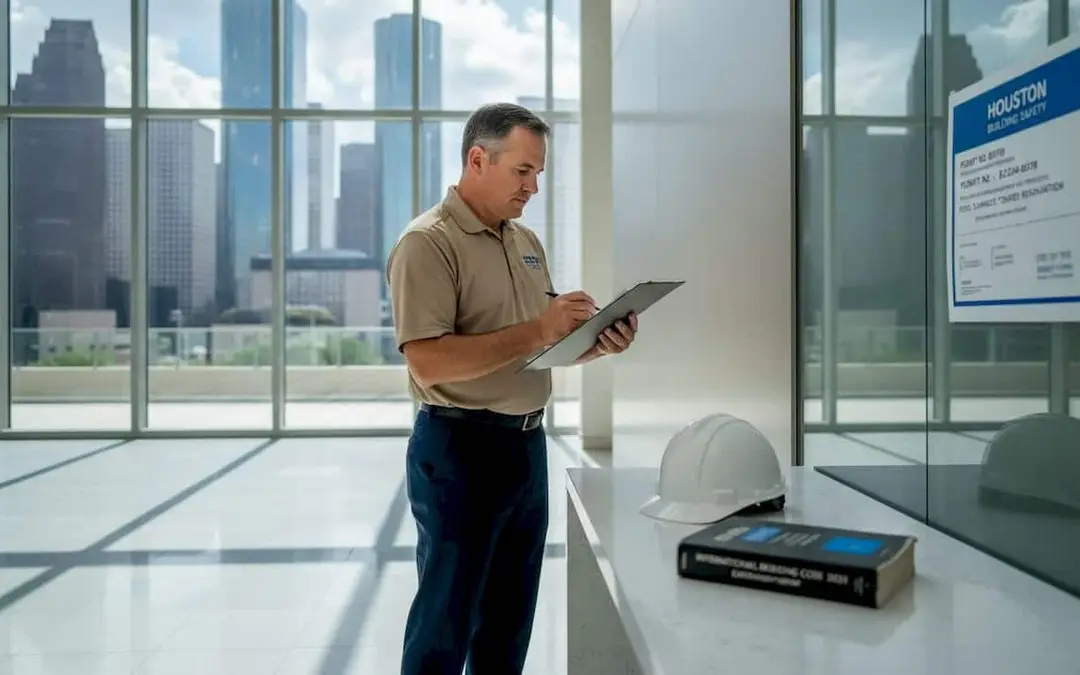Inspector with a tablet reviewing a material sample in a lobby