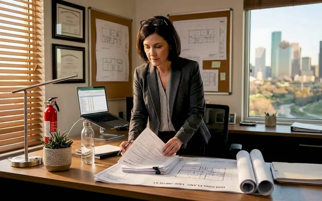 Woman reviewing fire safety documents at a desk by a window