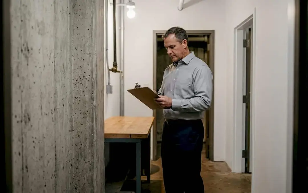 Man with a clipboard inspecting a wall in an office