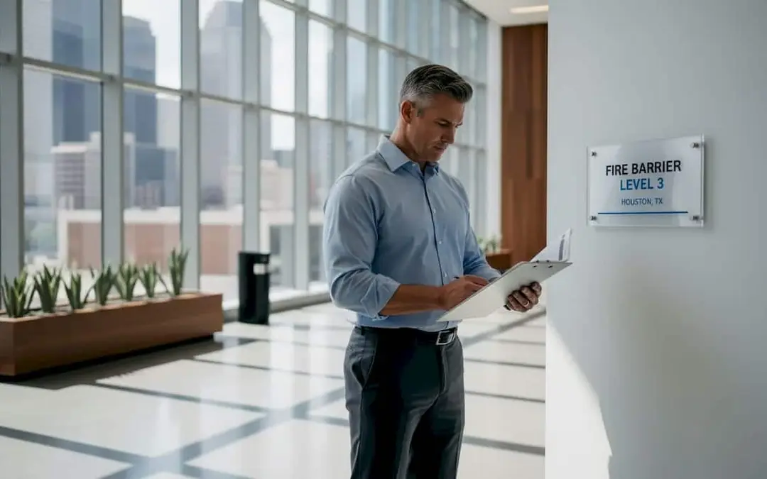 Man with a clipboard by a Fire Barrier Level 3 sign in an office