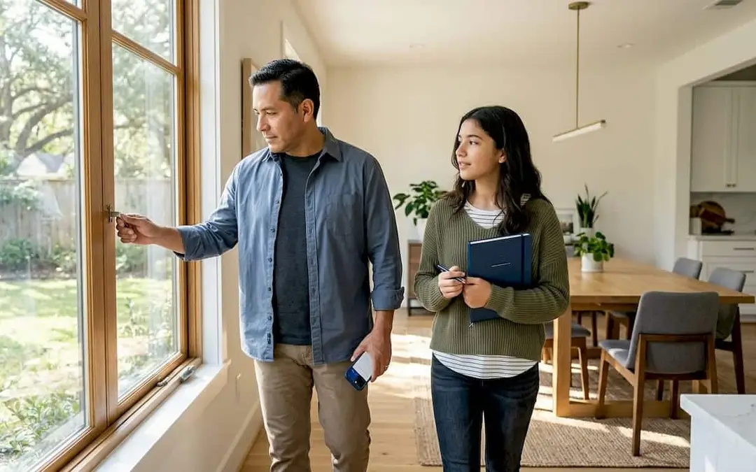 Couple walking through their living room with a safety checklist
