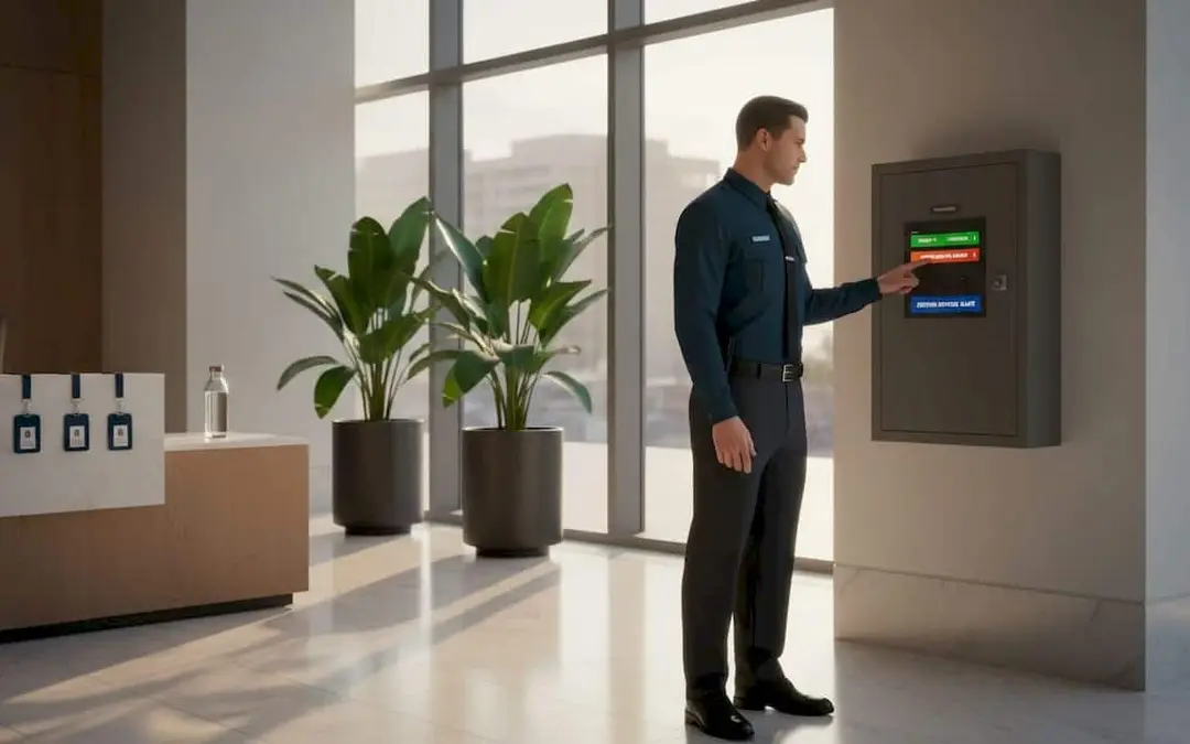 Security guard using a wall-mounted fire alarm annunciator panel