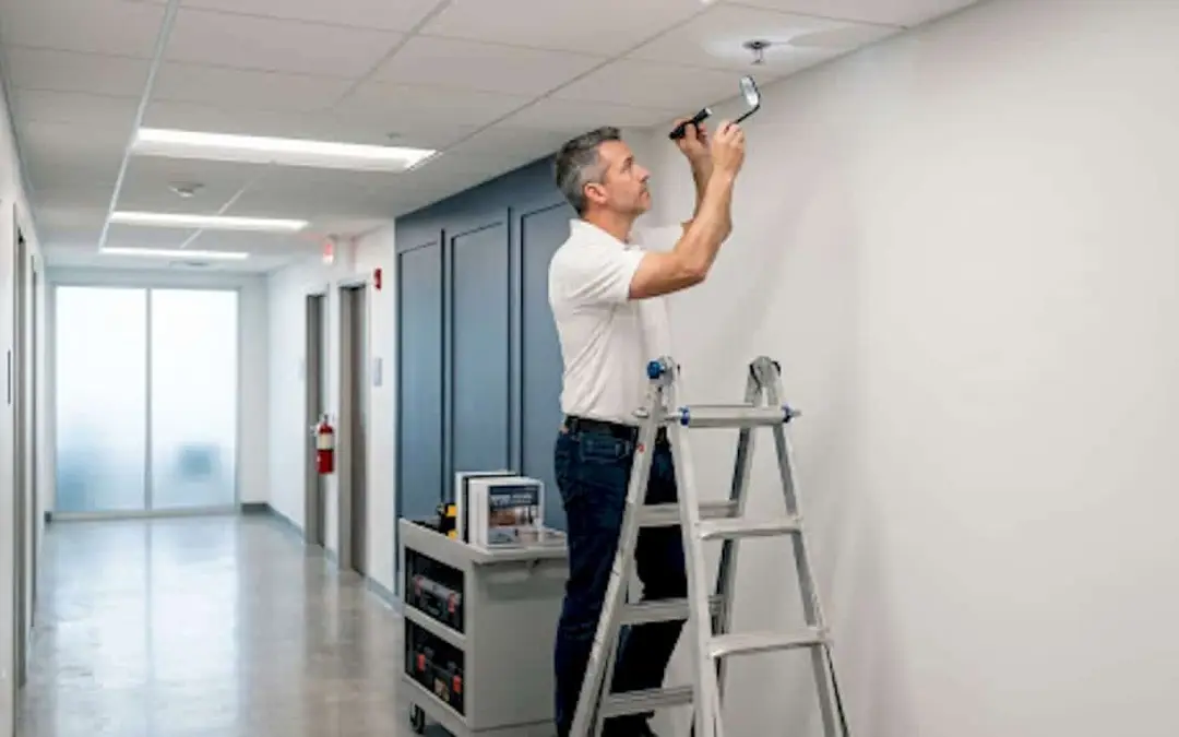 Man on a ladder inspecting a ceiling sprinkler in an office corridor