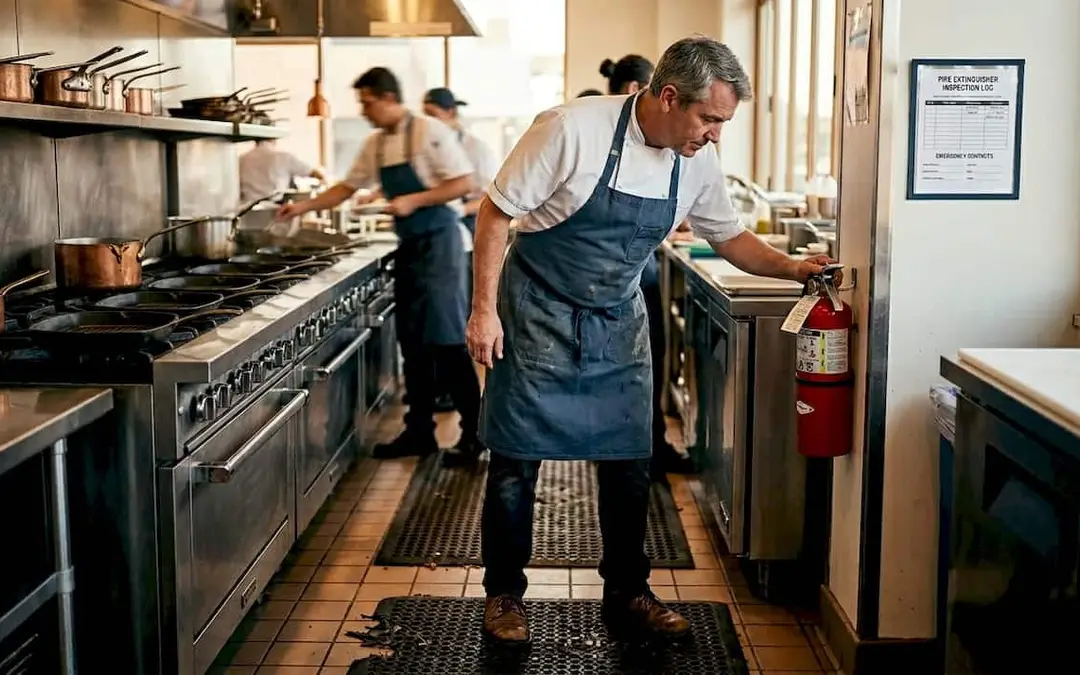 Chef checking a fire extinguisher in a restaurant kitchen