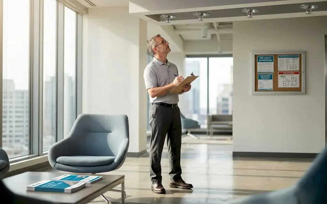 Man with a clipboard looking up at sprinklers in a high-rise office