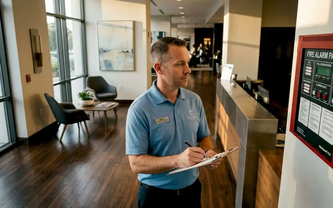 Hotel manager writing beside a red fire alarm panel in a lobby
