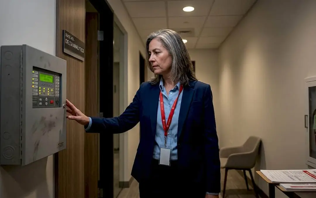 Woman checking a wall-mounted fire alarm panel in a hallway