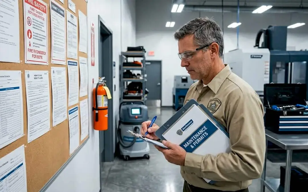 Facility manager reviewing permits in a workshop