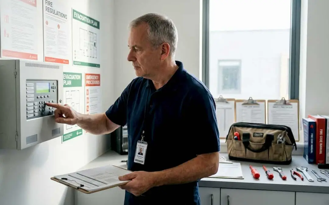 Technician pressing buttons on a fire alarm control panel