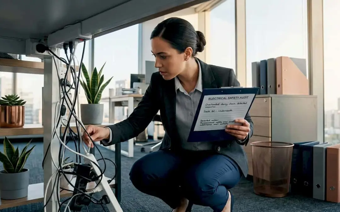 Woman inspecting tangled extension cords under an office desk