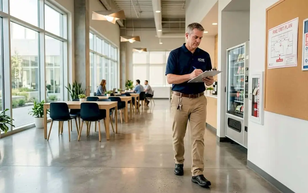 Man walking an office hallway checking for fire hazards