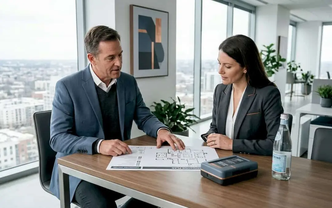 Consultant and client reviewing an evacuation plan at a table