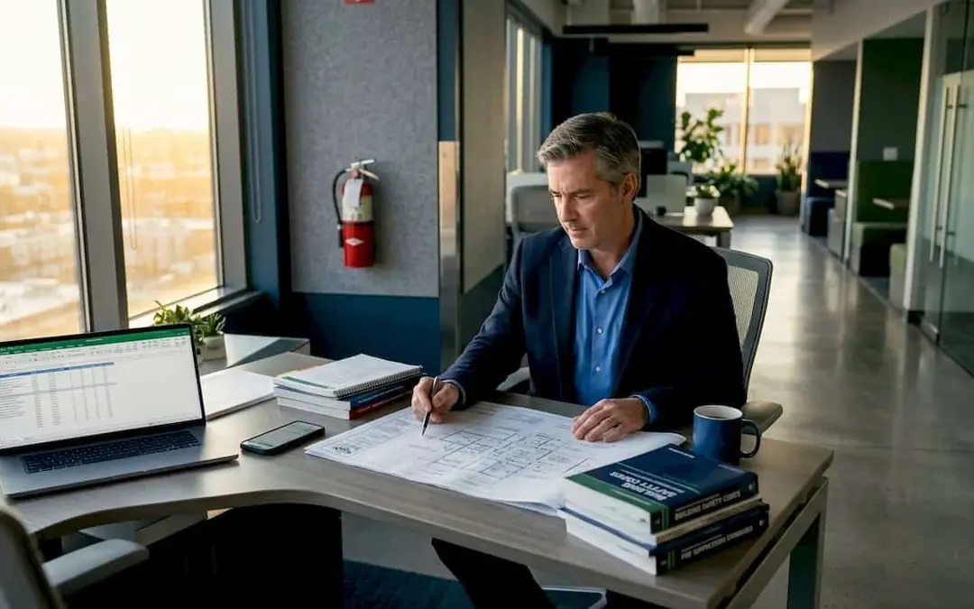 Man reviewing fire suppression plans at an office desk