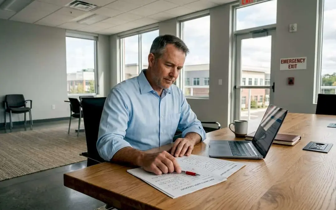 Man reviewing audit documents at an office table