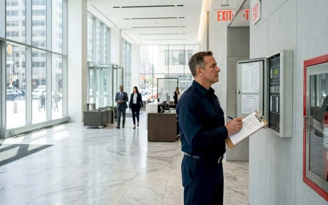 Inspector with a clipboard checking a fire alarm panel in a commercial lobby