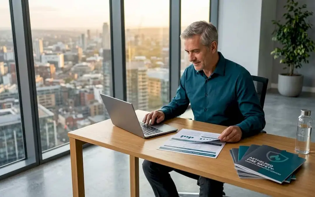 Consultant working on a laptop at a desk overlooking a city
