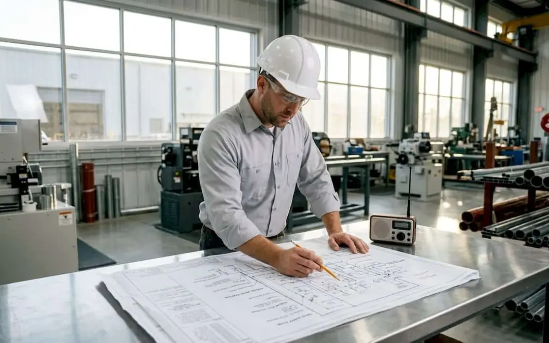 Engineer in a hard hat reviewing blueprints in a workshop