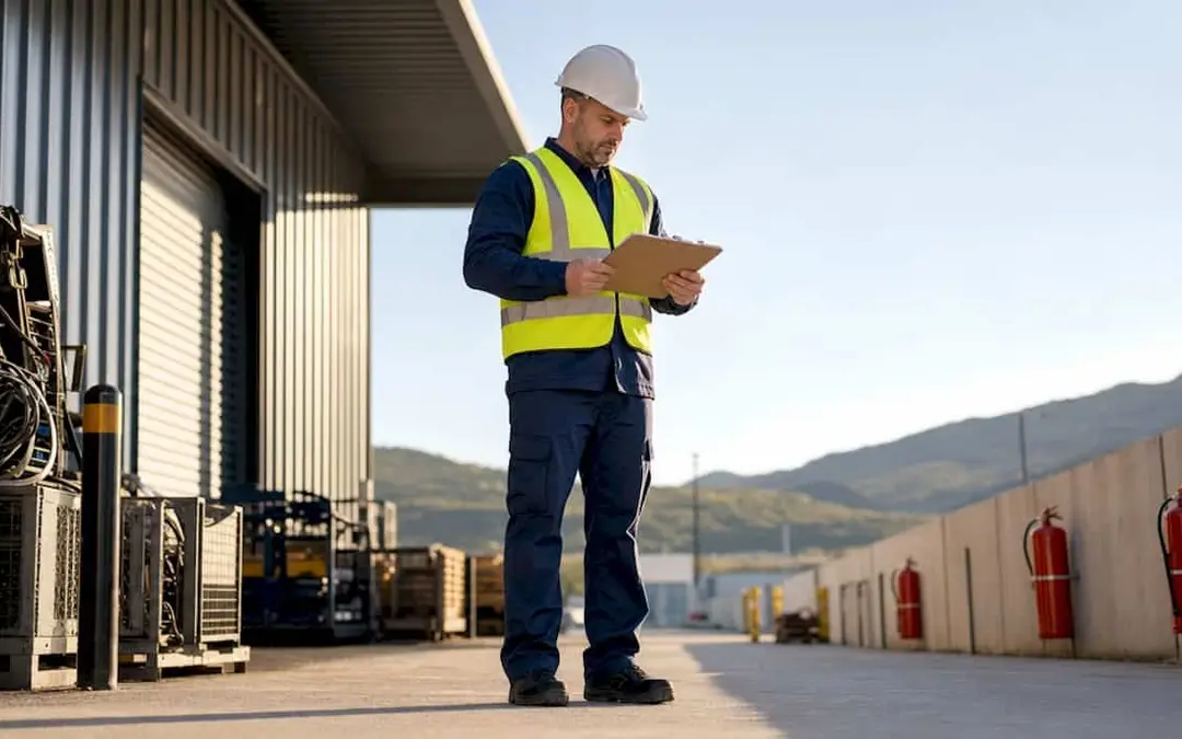 Facility manager in a hard hat and safety vest on a loading dock