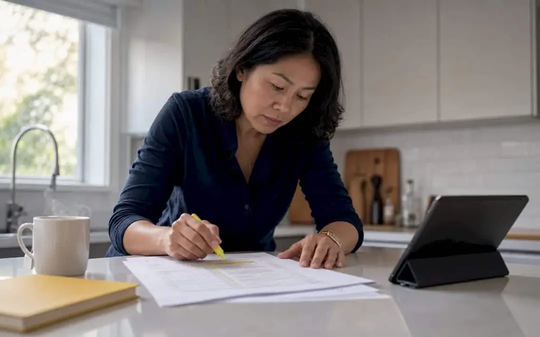 Woman reviewing fire safety documents at a kitchen counter