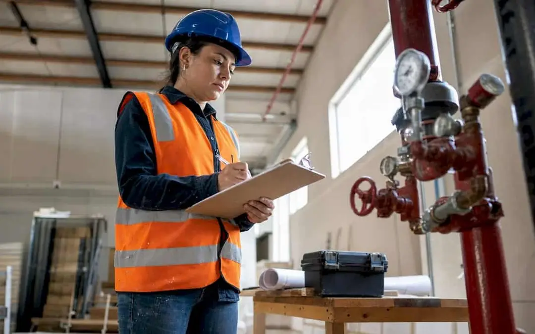Engineer in a hard hat and vest inspecting a sprinkler riser