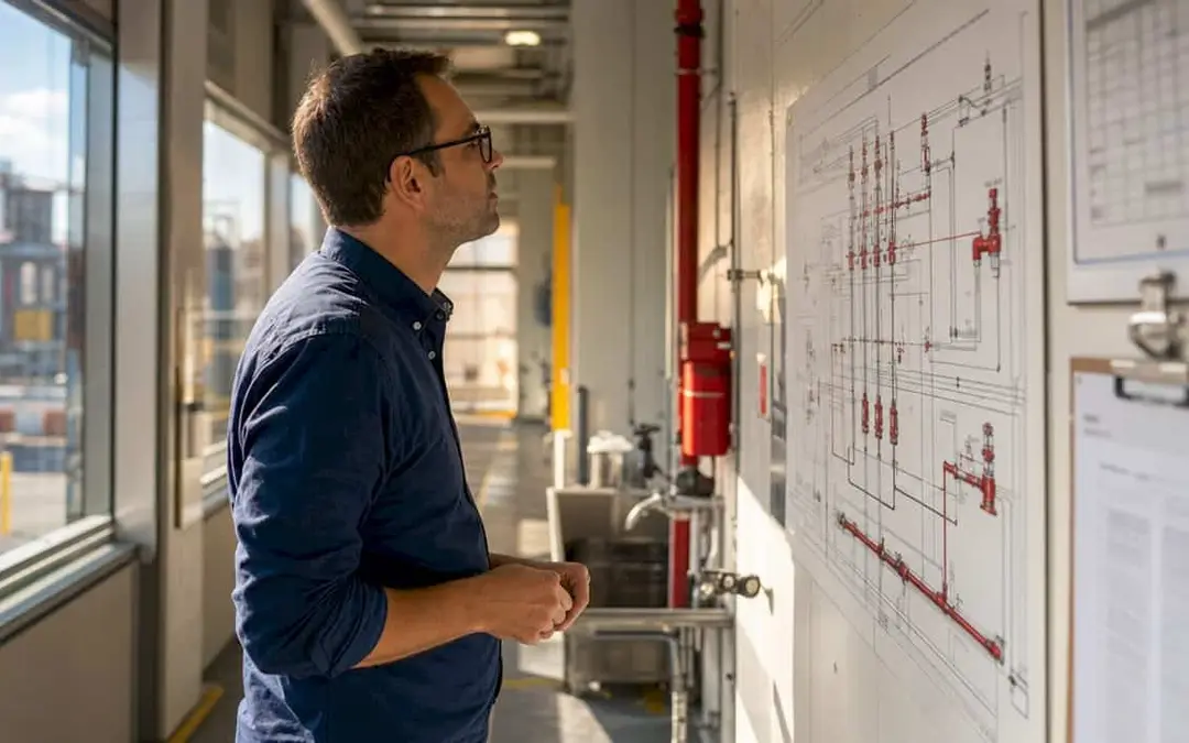 Man studying a sprinkler system schematic on a wall