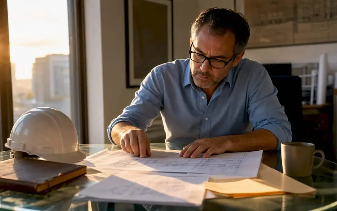 Engineer reviewing fire protection blueprints at a desk