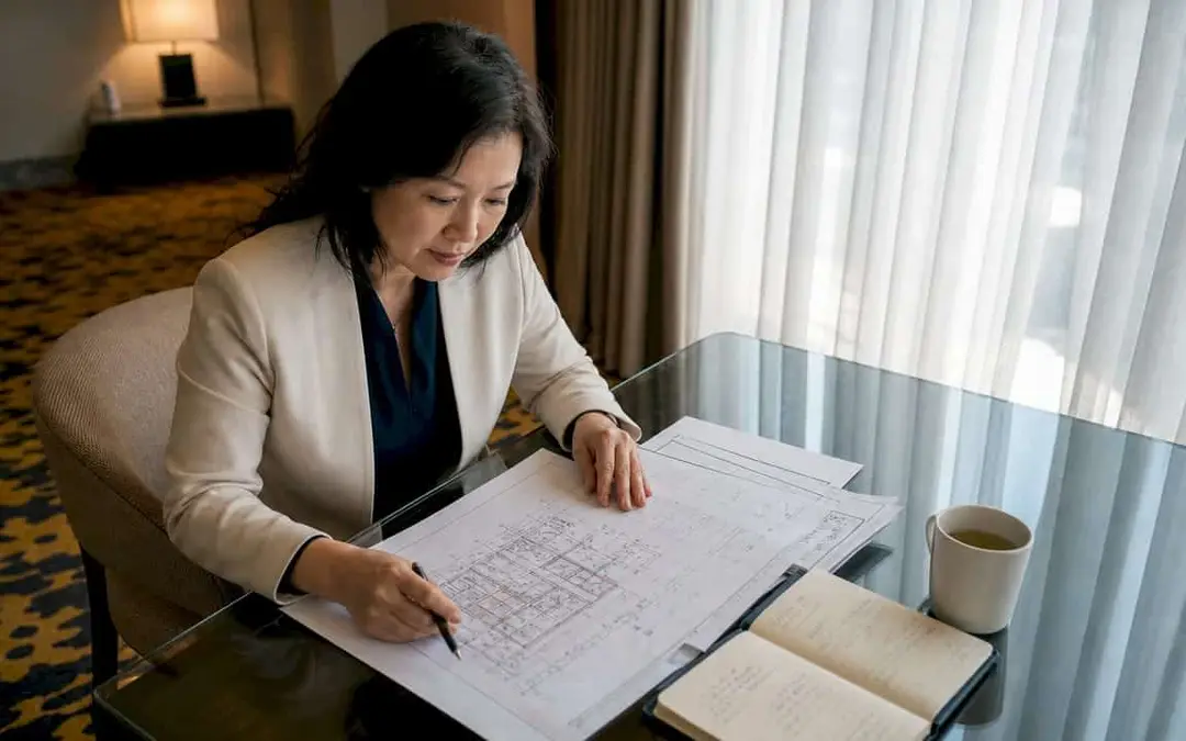 Woman reviewing hotel floor plans at a table