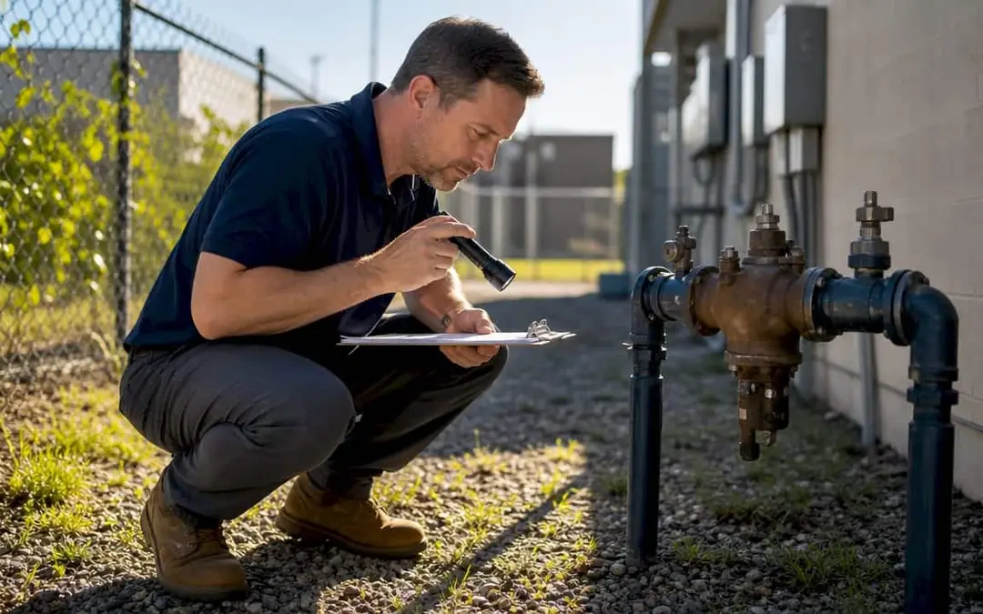 Man crouching to inspect a backflow preventer outdoors