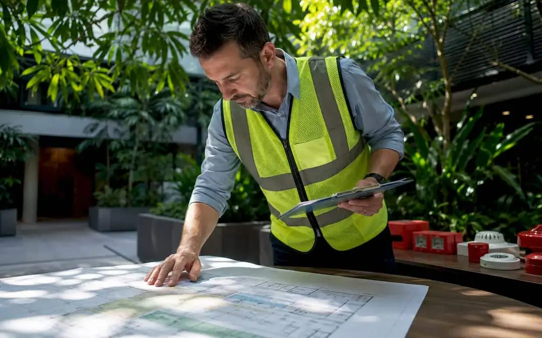 Engineer in a safety vest reviewing plans at an outdoor table