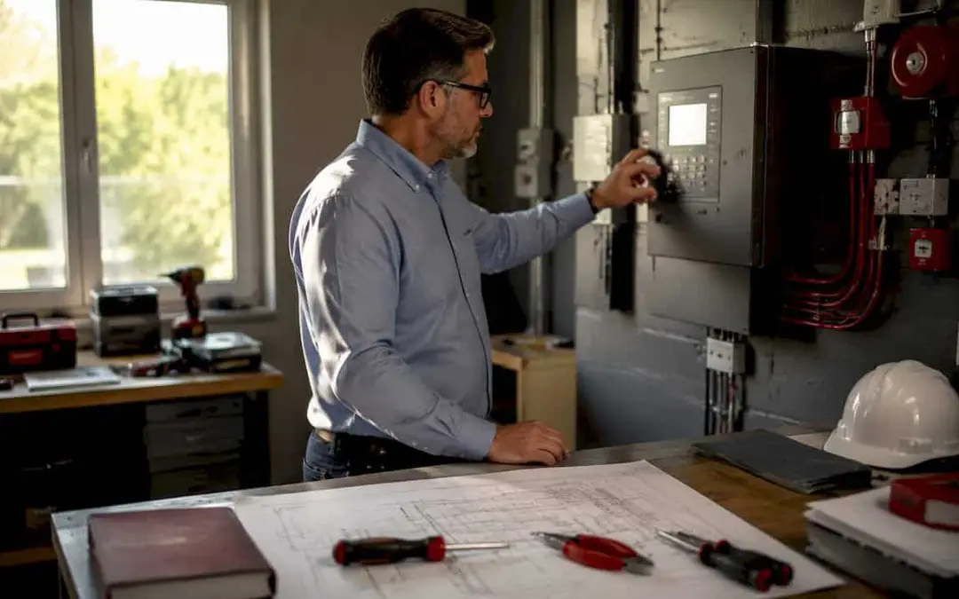 Engineer adjusting a fire alarm control panel in an equipment room