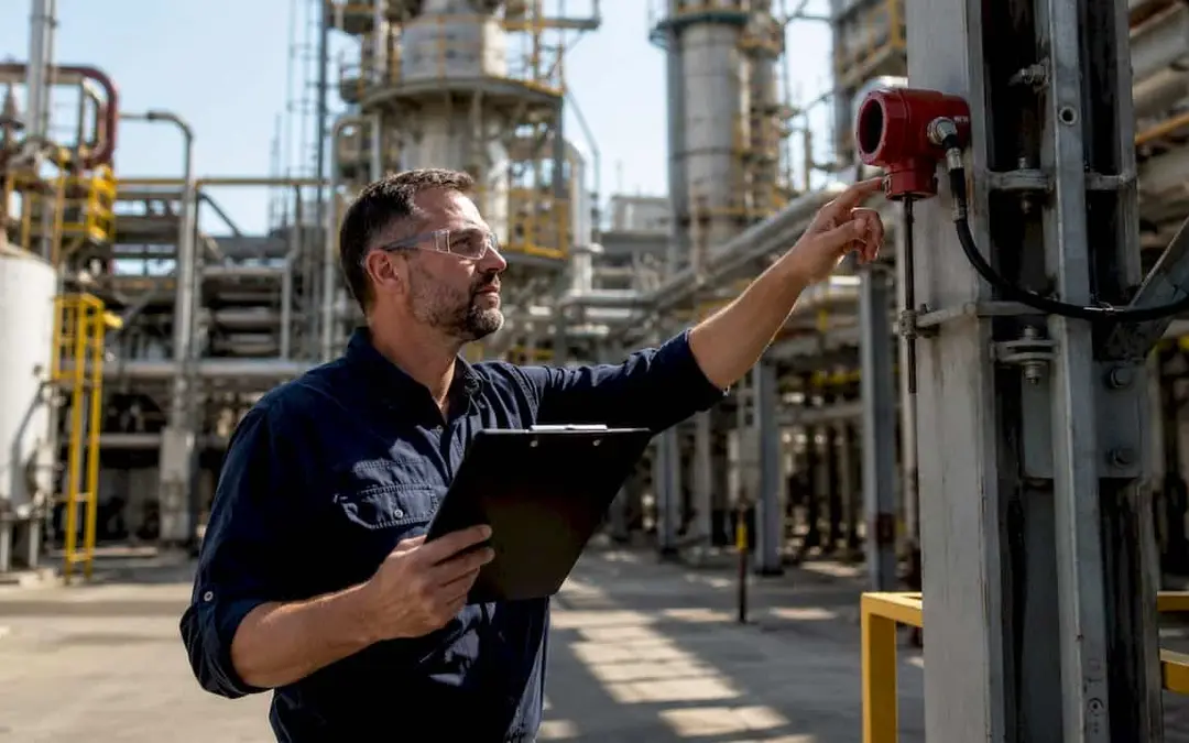 Man inspecting a flame detector at an industrial plant