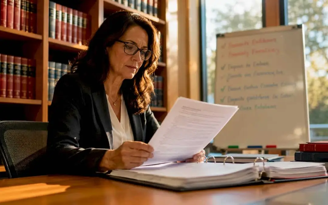 Woman reviewing fire code documents in an office library